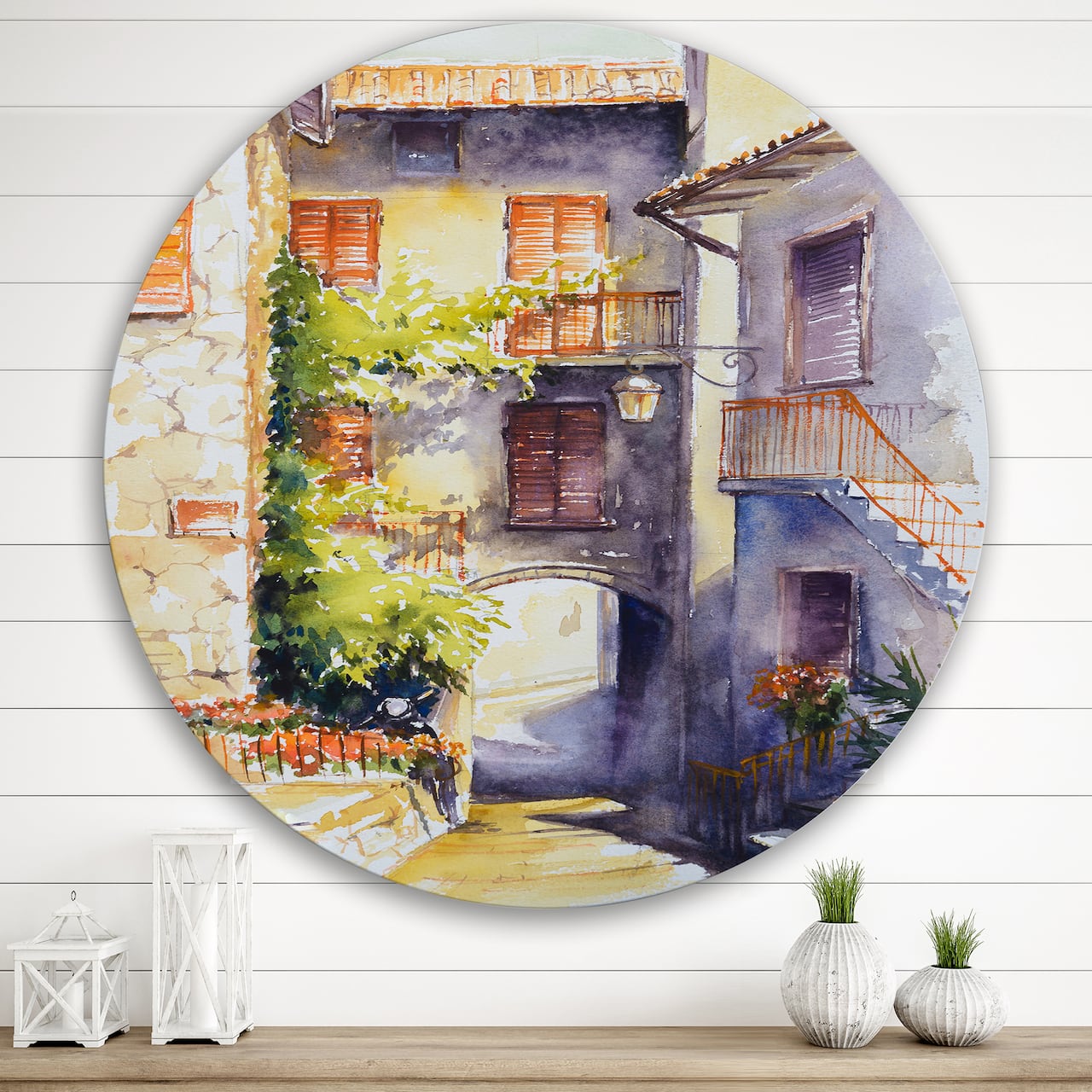 Designart - Rustic and Idyllic Italian VIllage - Country Metal Circle Wall Art